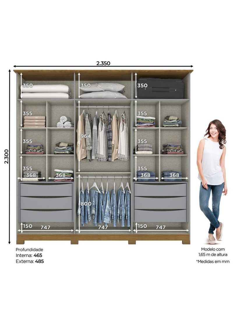 Guarda Roupa Casal 6 Portas 6 Gavetas Andréas Henn Cinza com Nature