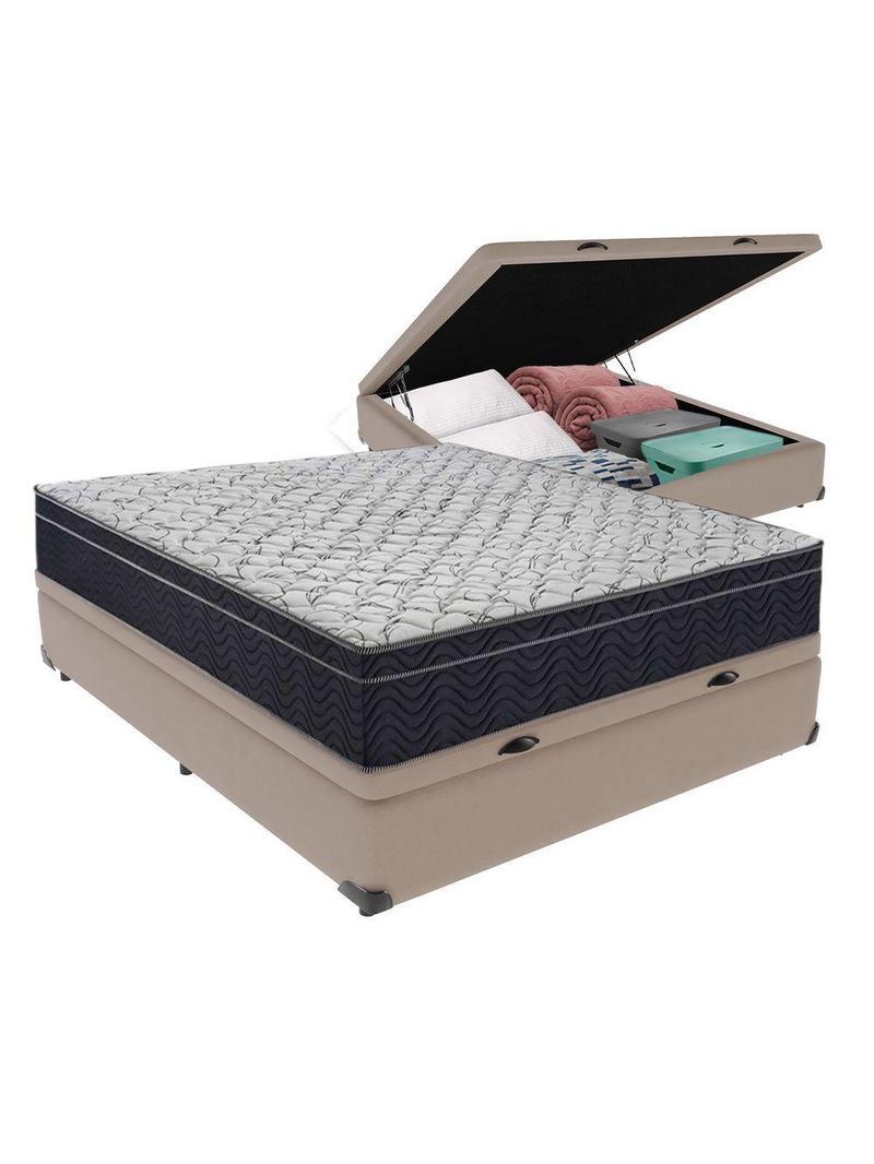 Cama + Box Bau Casal Colchão Extra Firme Ortobom D45 Airtech - Cor: Bege