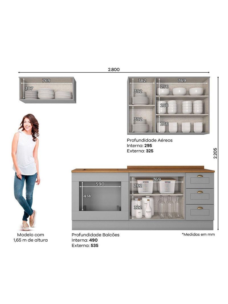 Cozinha Compacta com Balcão Forno de Embutir Amy Casa 812 Cinza