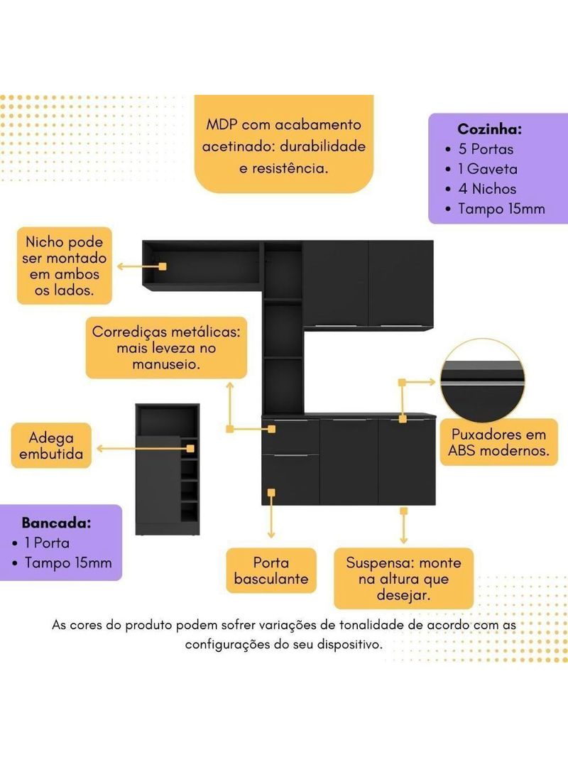 Armário De Cozinha Suspensa Com Bancada Americana Sofia Multimóveis Mp2198 Preto Preto