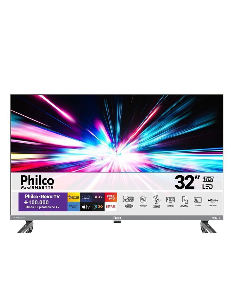 TV 32 Philco Smart Led Roku Dolby Audio PTV32K34RKGB Cinza Bivolt