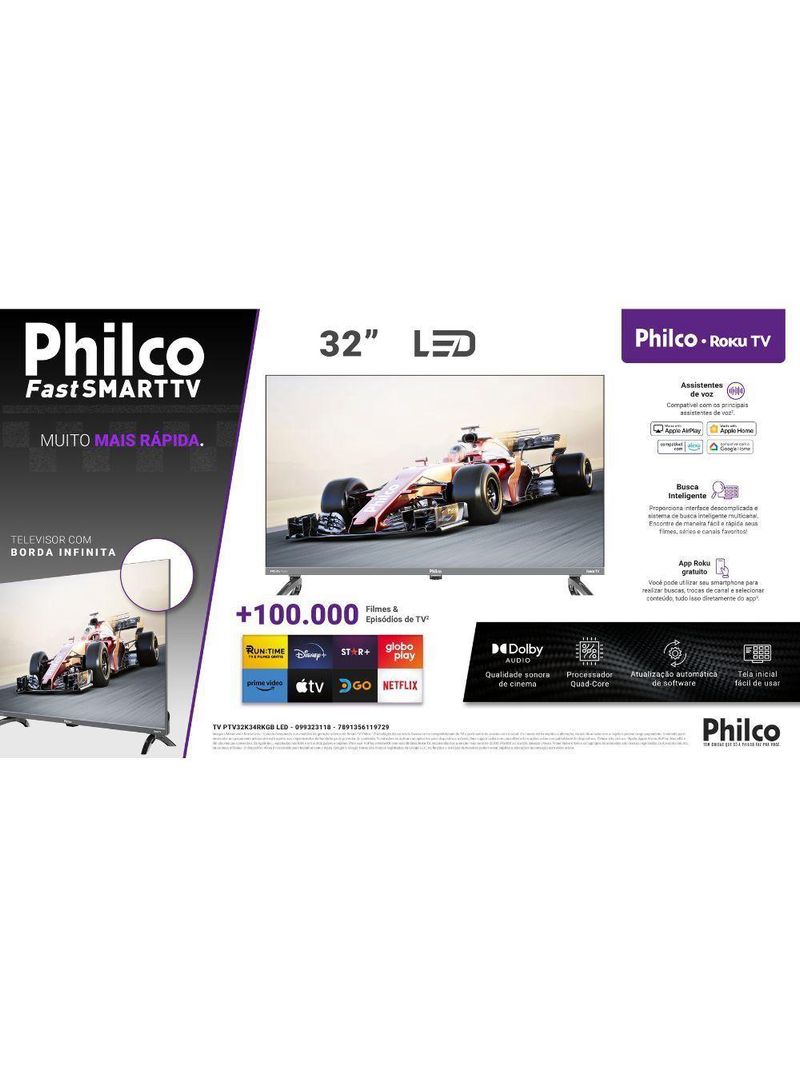 TV 32 Philco Smart Led Roku Dolby Audio PTV32K34RKGB Cinza Bivolt