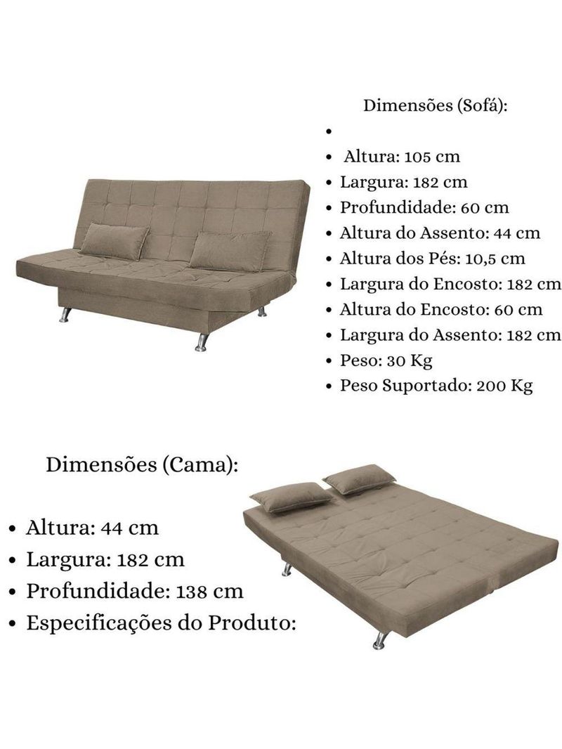 Sofá Cama Casal Com Almofadas Melina Suede Cappuccino