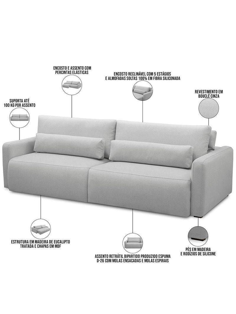 Sofá Retrátil Reclinável Para Sala De Estar Living 240cm Sevilha F04 Bouclê Cinza - Lyam Decor
