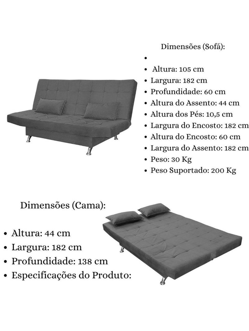 Sofá Cama Casal Com Almofadas Gabriella Suede Cinza