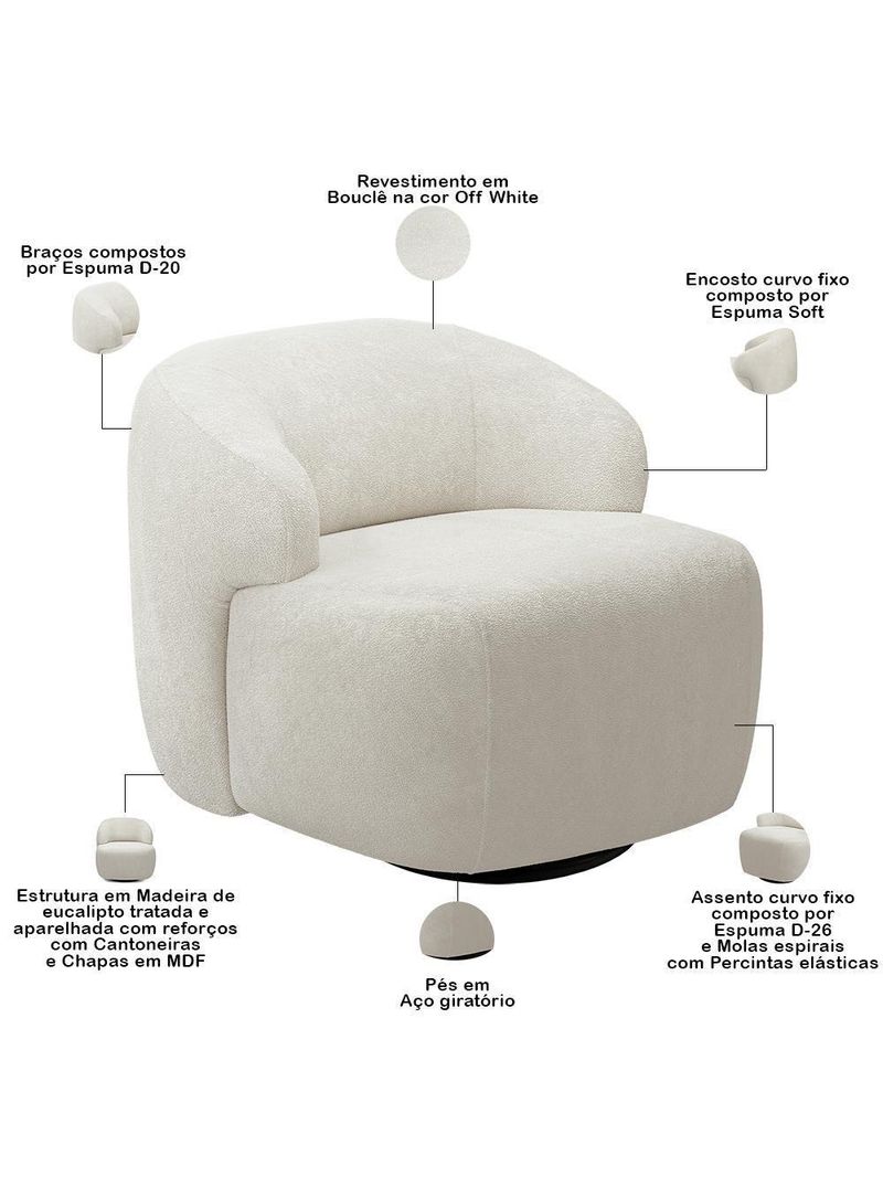 Poltrona Decorativa Orgânica Giratória Living Barolo L06 Bouclê Off White