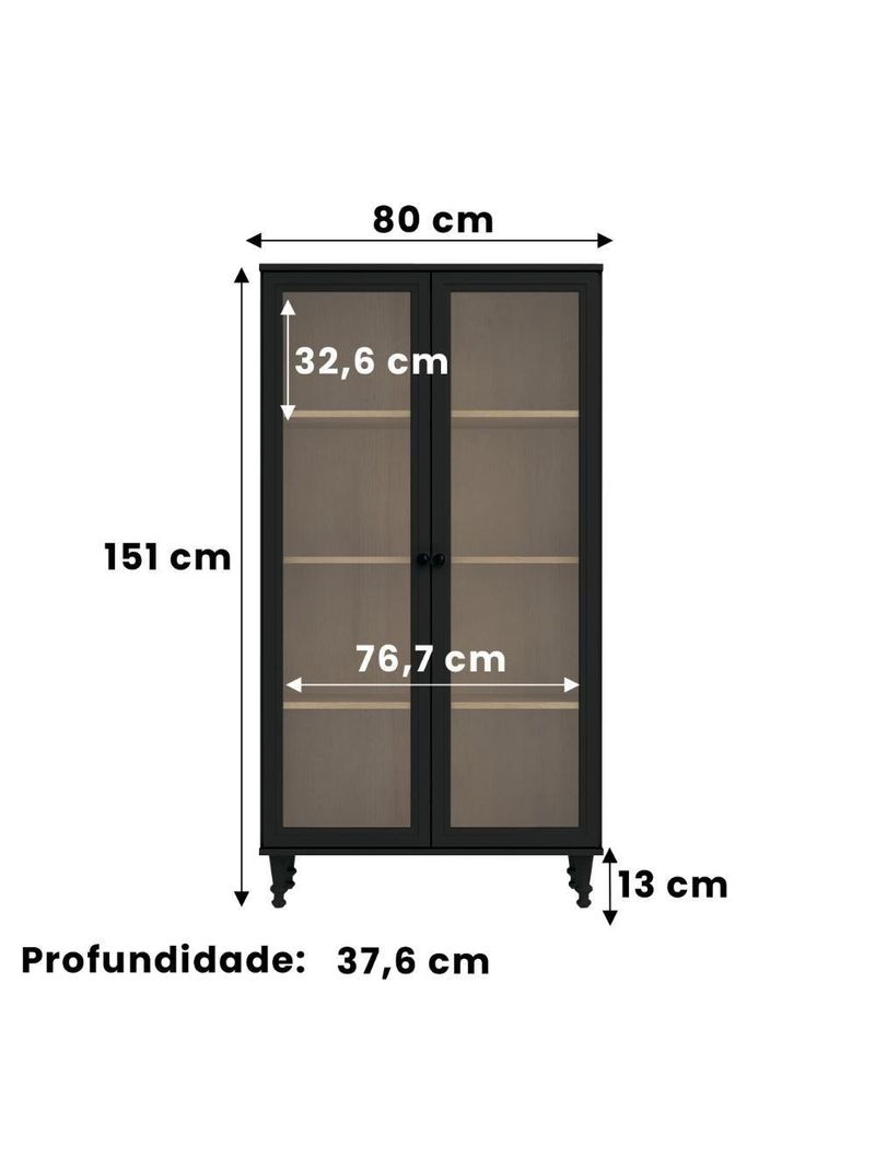 Cristaleira Estante Para Livros Ditália 2 Portas Vidro Preto