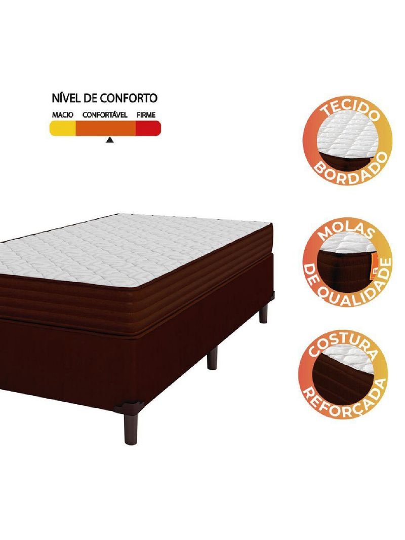 Cama Box Solteiro Colchão Molas Ensacadas 88x188x60cm Marrom/Branco Suporta Até 200kg Por Pessoa