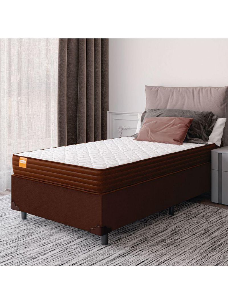 Cama Box Solteiro Colchão Molas Ensacadas 88x188x60cm Marrom/Branco Suporta Até 200kg Por Pessoa
