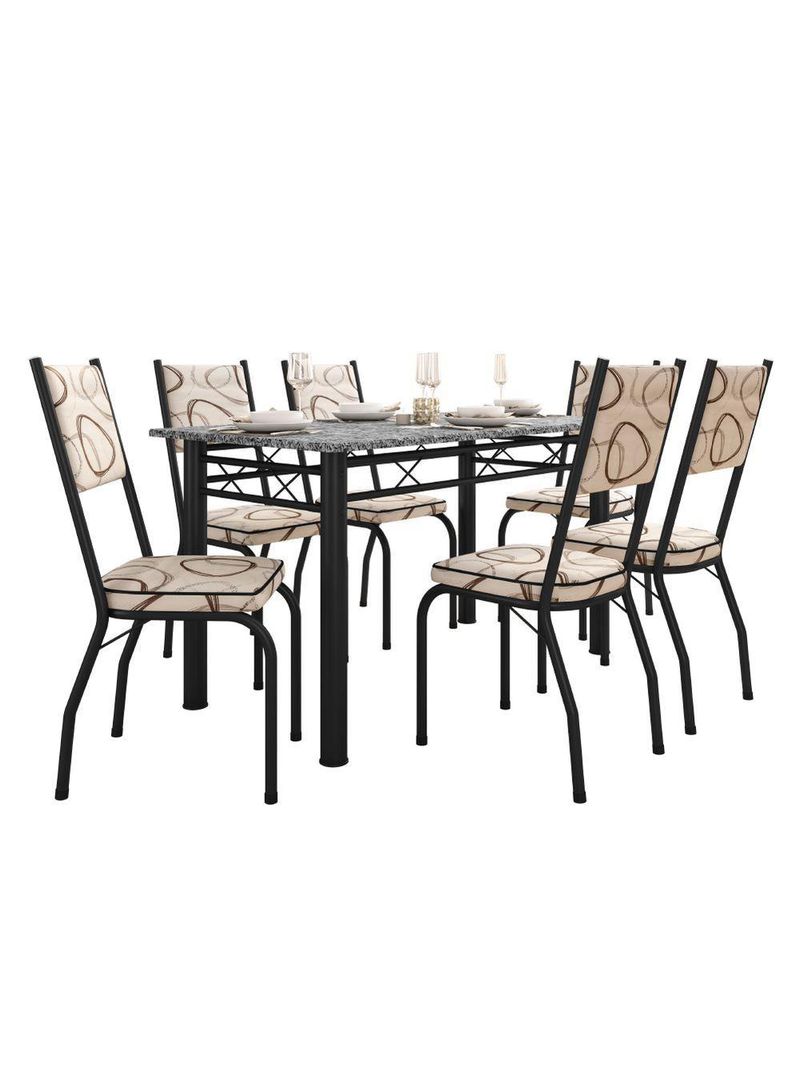 Conjunto Sala de Jantar Mesa Tampo Granito 1,40m com 6 Cadeiras Diana Preto / Cedro – Artefamol