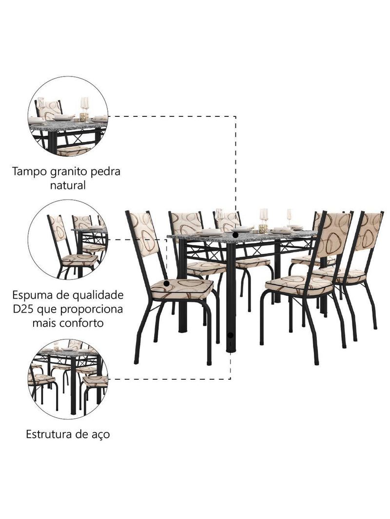 Conjunto Sala de Jantar Mesa Tampo Granito 1,40m com 6 Cadeiras Diana Preto / Cedro – Artefamol
