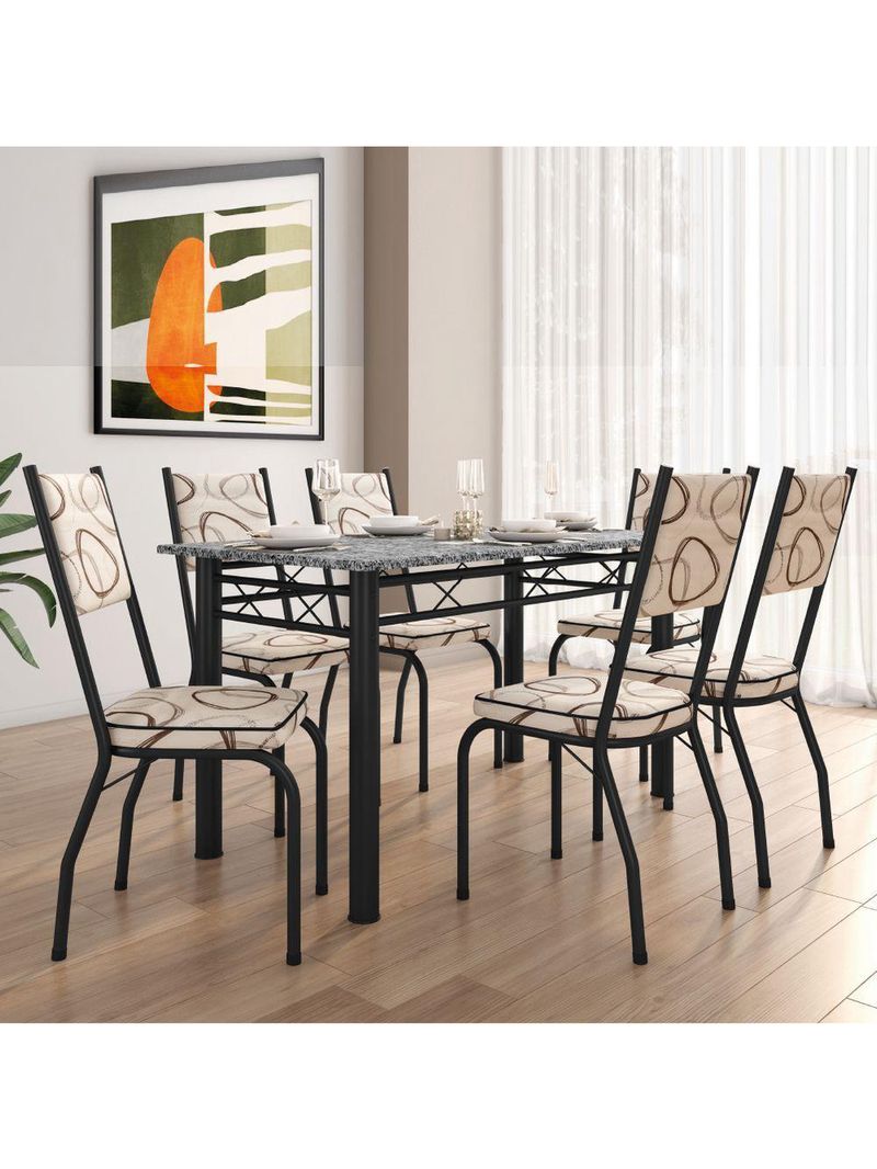 Conjunto Sala de Jantar Mesa Tampo Granito 1,40m com 6 Cadeiras Diana Preto / Cedro – Artefamol