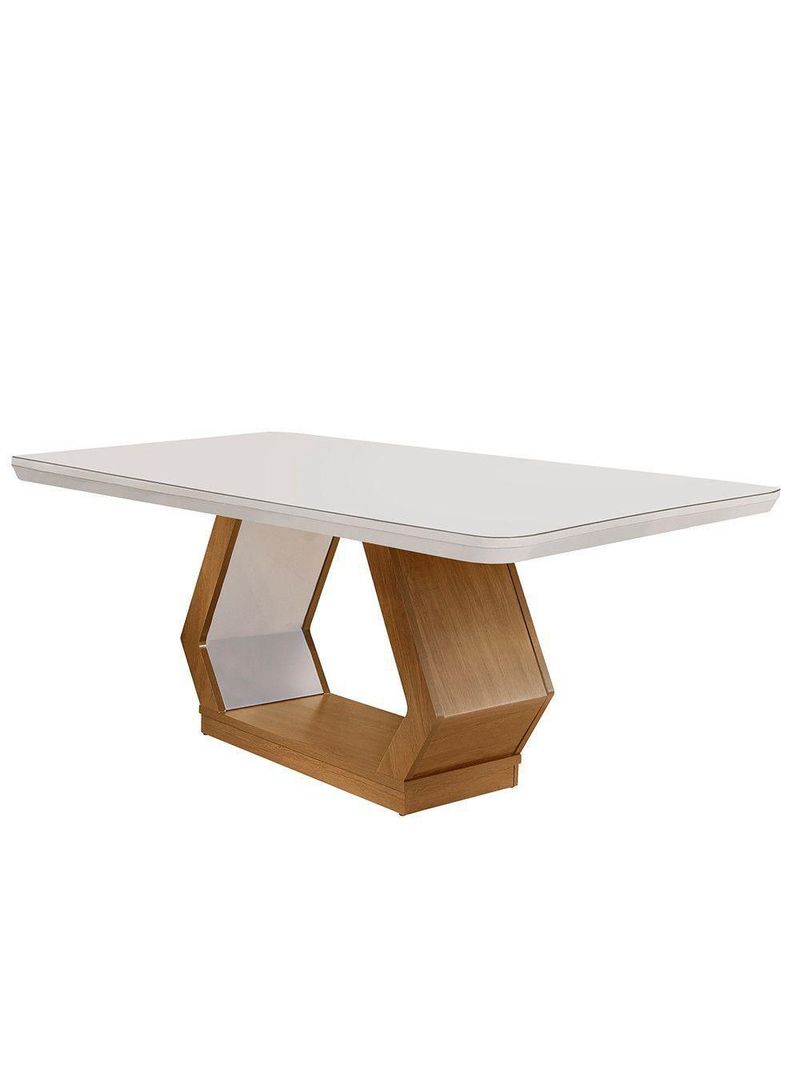 Mesa Sala de Jantar Lara 180cm em MDF e Vidro com Canto Copo Off White/ Imbuia/ Serigrado Off
