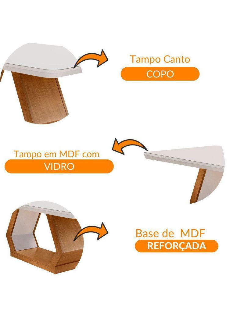 Mesa Sala de Jantar Lara 180cm em MDF e Vidro com Canto Copo Off White/ Imbuia/ Serigrado Off