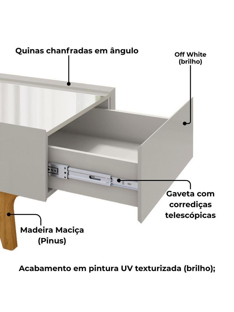 Mesa De Centro Com Espelho 1 Gaveta Sena 90 Cm Bechara Off White