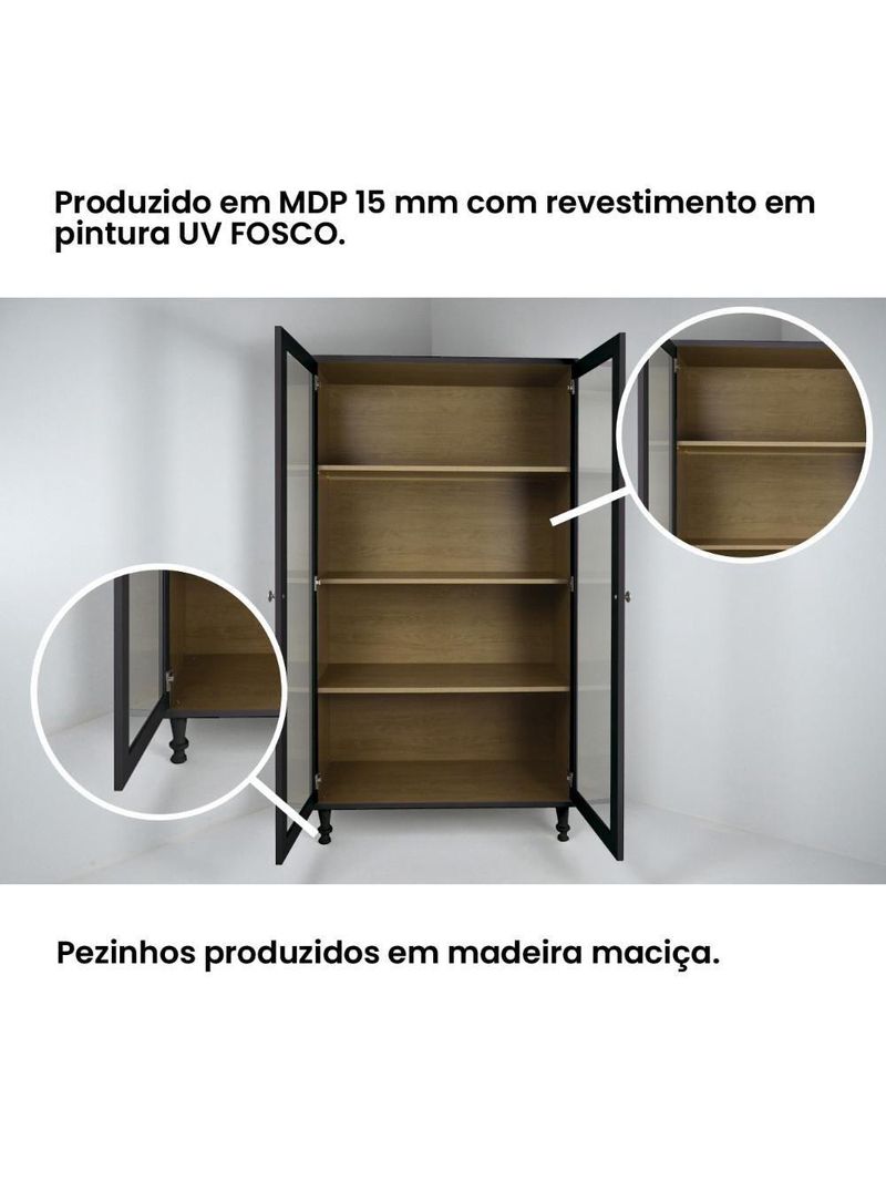 Cristaleira Estante Para Livros Ditália 2 Portas Vidro Preta