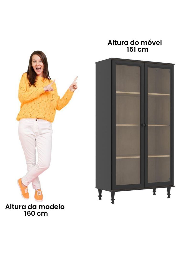 Cristaleira Estante Para Livros Ditália 2 Portas Vidro Preta