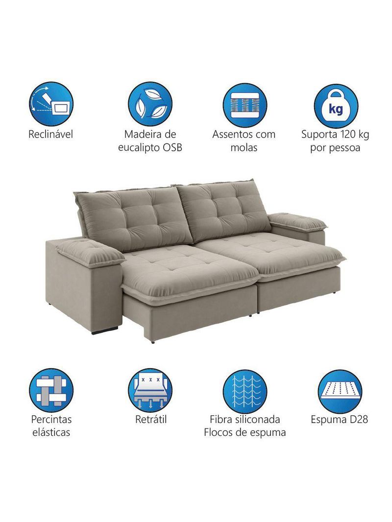 Sofá Retrátil E Reclinável Bipartido 2,50m 4 Lugares Fofão Slim Luizzi Castor