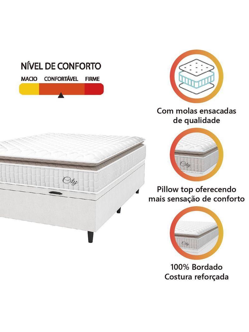 Cama Box Baú Colchão Casal Molas Ensacadas City Pillow Top 138x188x64cm Linho Branco/Bege - Hellen