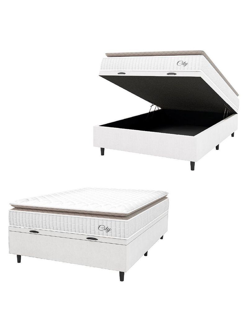 Cama Box Baú Colchão Casal Molas Ensacadas City Pillow Top 138x188x64cm Linho Branco/Bege - Hellen