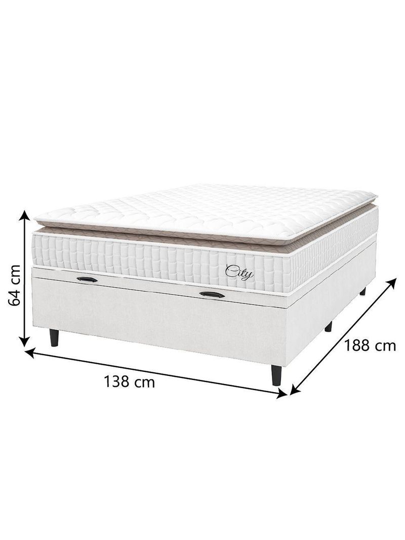 Cama Box Baú Colchão Casal Molas Ensacadas City Pillow Top 138x188x64cm Linho Branco/Bege - Hellen