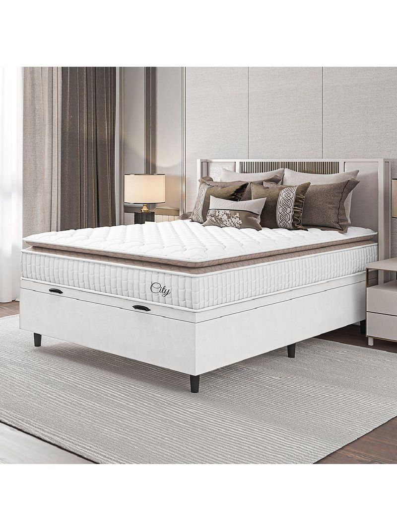 Cama Box Baú Colchão Casal Molas Ensacadas City Pillow Top 138x188x64cm Linho Branco/Bege - Hellen