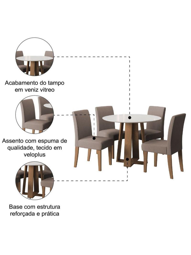 Conjunto de Mesa Sala de Jantar Athenas Redonda com 4 Cadeiras Trieste Dobuê - Cor: Cedro/Off White/Mascavo