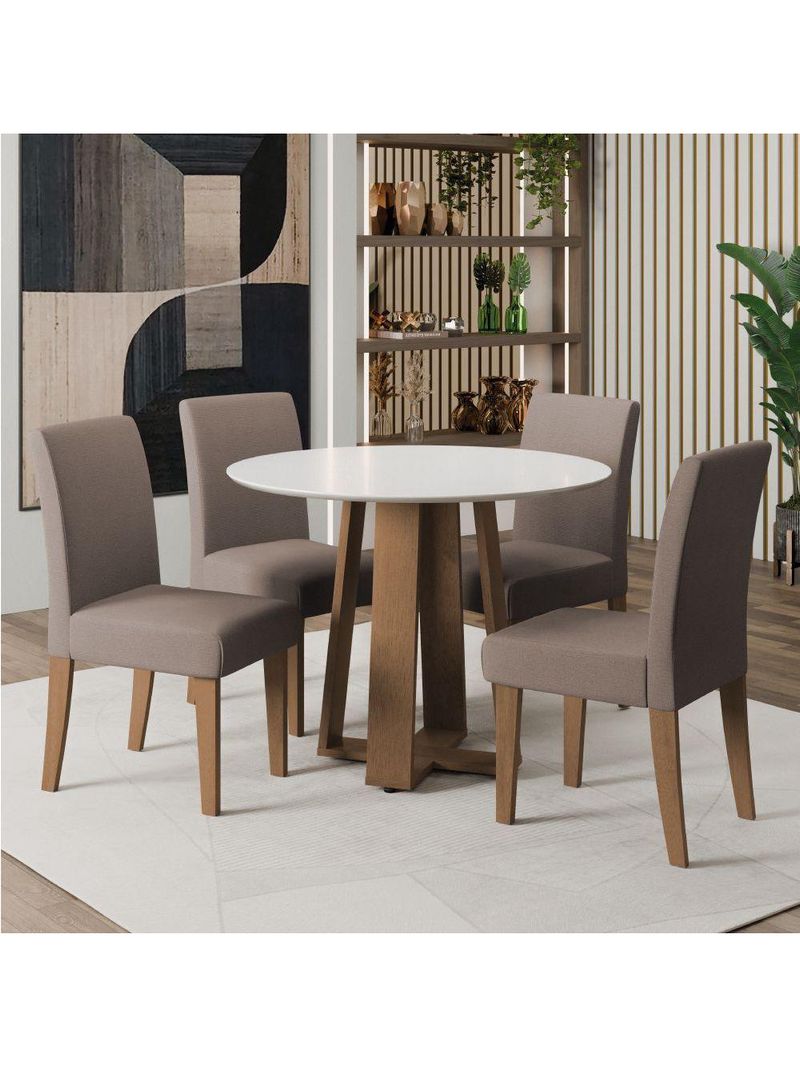 Conjunto de Mesa Sala de Jantar Athenas Redonda com 4 Cadeiras Trieste Dobuê - Cor: Cedro/Off White/Mascavo