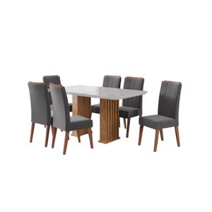 Conjunto De Mesa Sala De Jantar Ripada Tampo Com Vidro Mond 1,60m 6 Cadeiras Sofia Veludo Viero Madeirado / Cinza