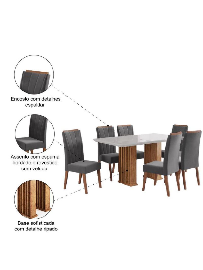 Conjunto De Mesa Sala De Jantar Ripada Tampo Com Vidro Mond 1,60m 6 Cadeiras Sofia Veludo Viero Madeirado / Cinza