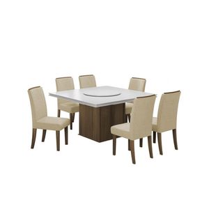 Conjunto De Mesa Sala De Jantar Com Tampo Giratório Amesterdã 1,36m 6 Cadeiras Grécia Cedro/Off White/Bege