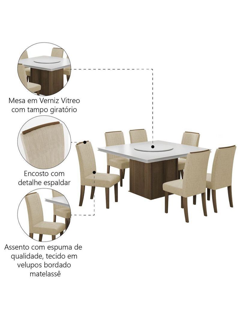 Conjunto De Mesa Sala De Jantar Com Tampo 1,36m 6 Cadeiras