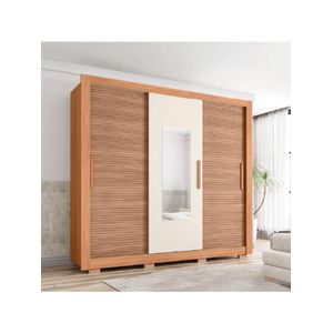 Guarda Roupas Casal com Espelho Ripado Impressão 3D 3 Portas de Correr 2 Gavetas Paris Caemmun