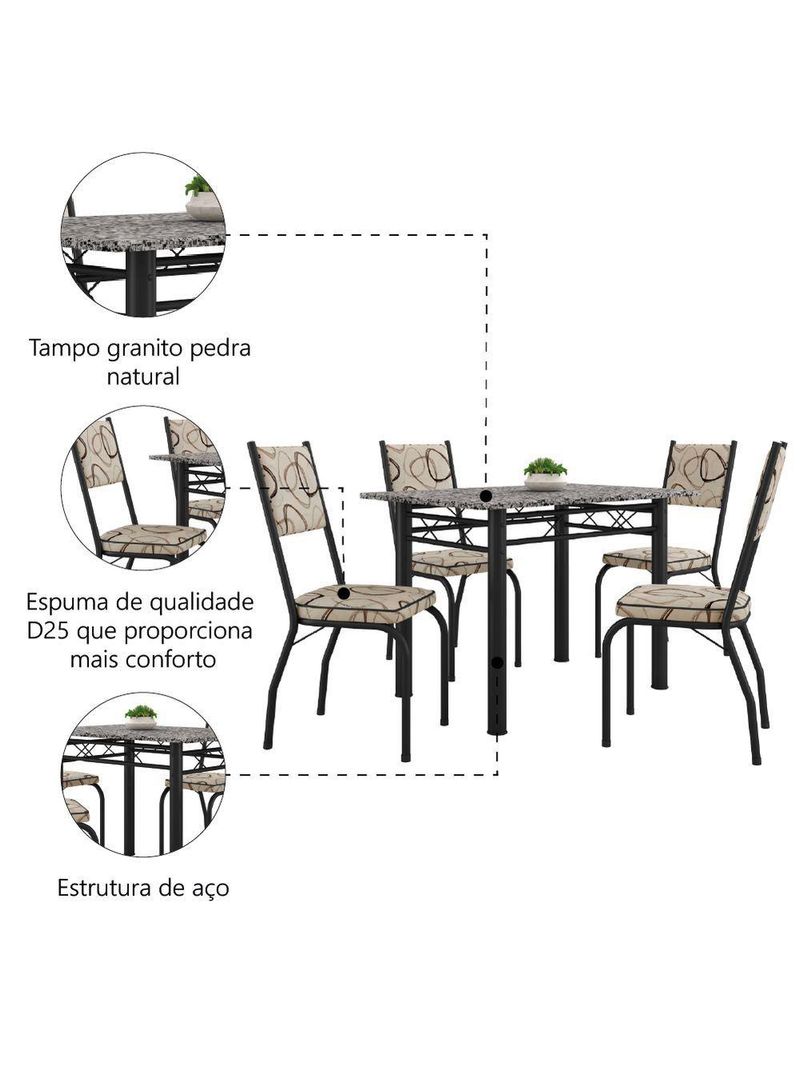 Conjunto Sala de Jantar Mesa Tampo Granito 4 Cadeiras Diana