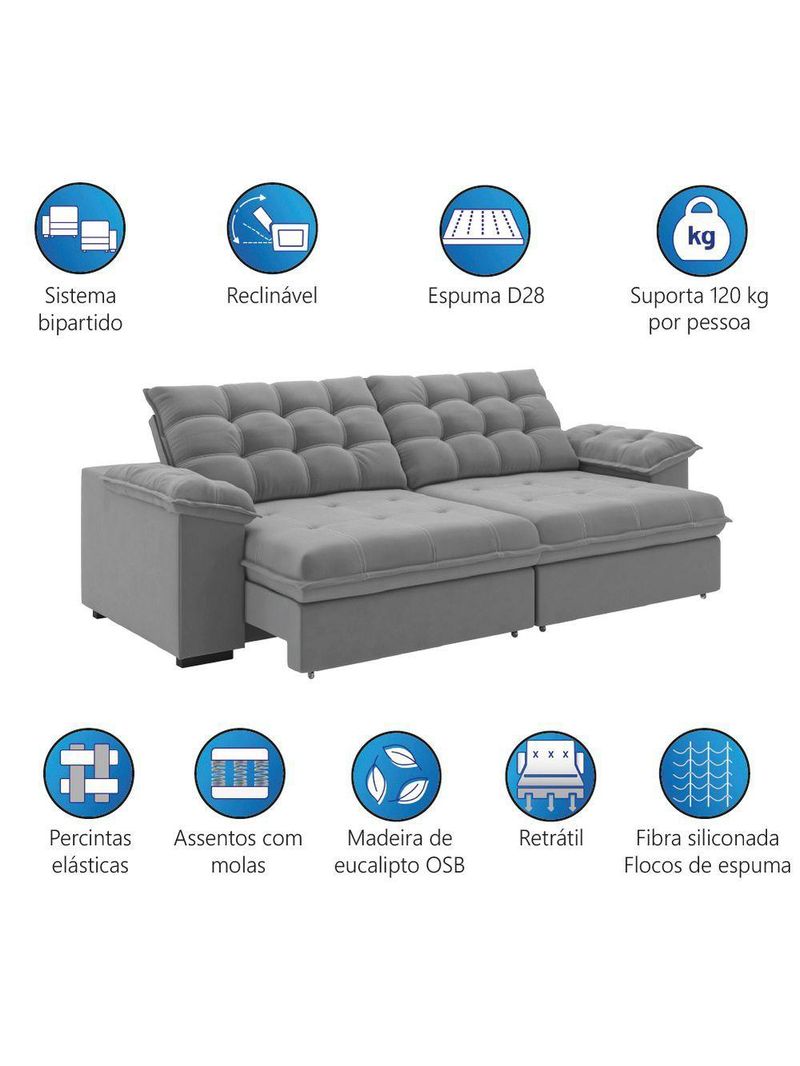 Sofá Retrátil E Reclinável Bipartido 2,30m 3 Lugares Palermo Slim Luizzi Chumbo