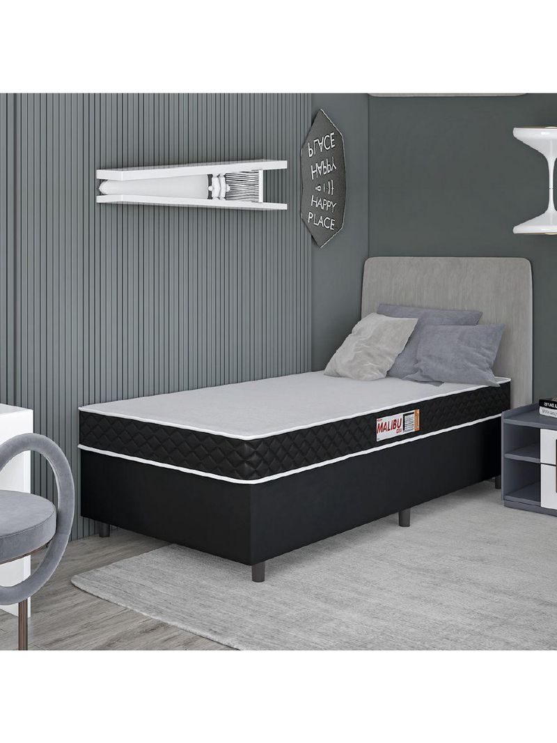 Cama Box Colchão Solteiro Espuma D20 Malibu 88x188x50cm Preto / Branco Hellen Preto