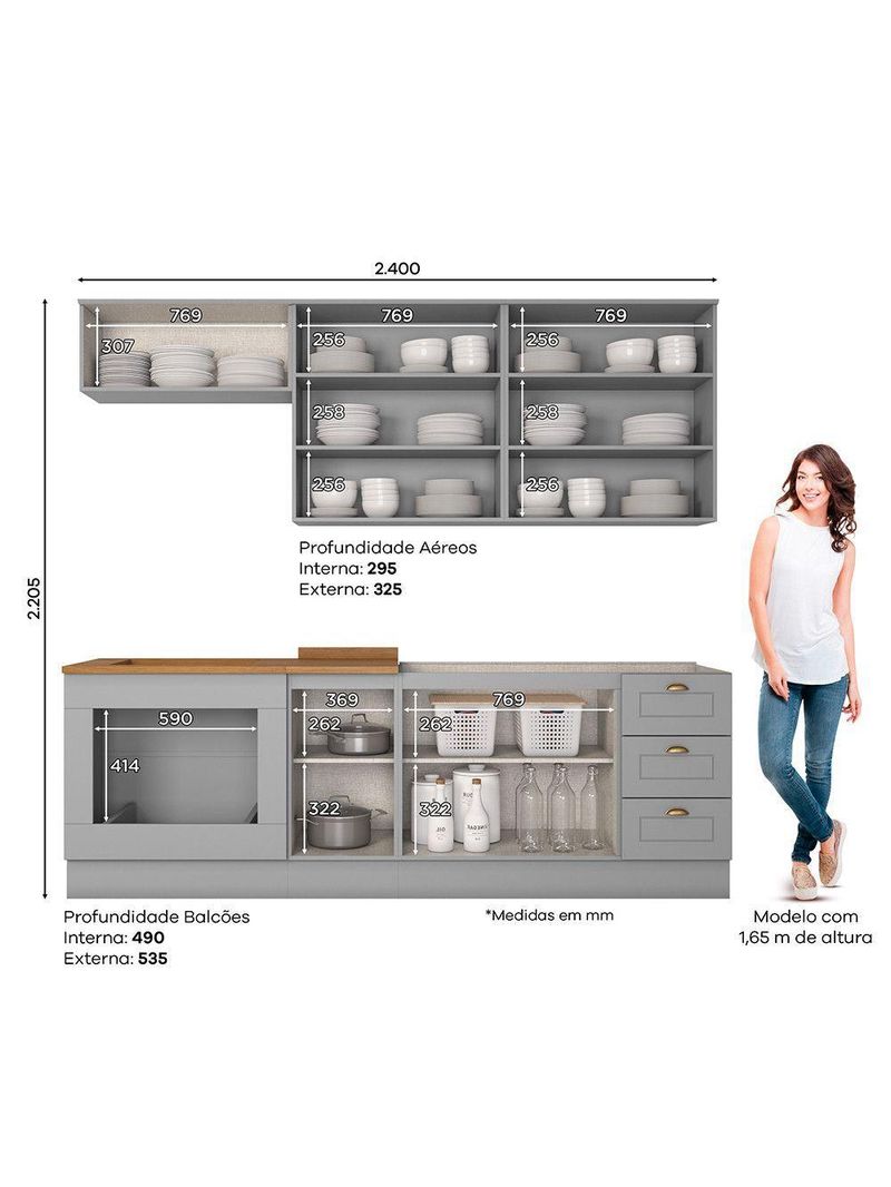 Cozinha Compacta 6 Peças com Módulo Forno de Embutir Amy Casa 812 Cinza