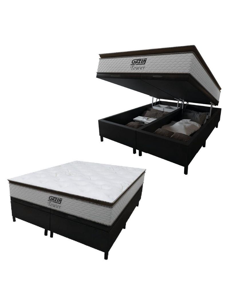 Cama Box Baú Queen Colchão Molas Pocket Ensacadas Tower 158x198x75cm Branco-preto Gazin Branc-marr