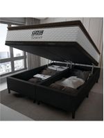 Cama Box Baú Queen Colchão Molas Pocket Ensacadas Tower 158x198x75cm Branco-preto Gazin Branc-marr