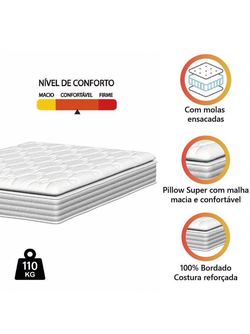Colchão Casal King Molas Ensacadas Granville Com Pillow 193x203x28cm Branco Probel Branco