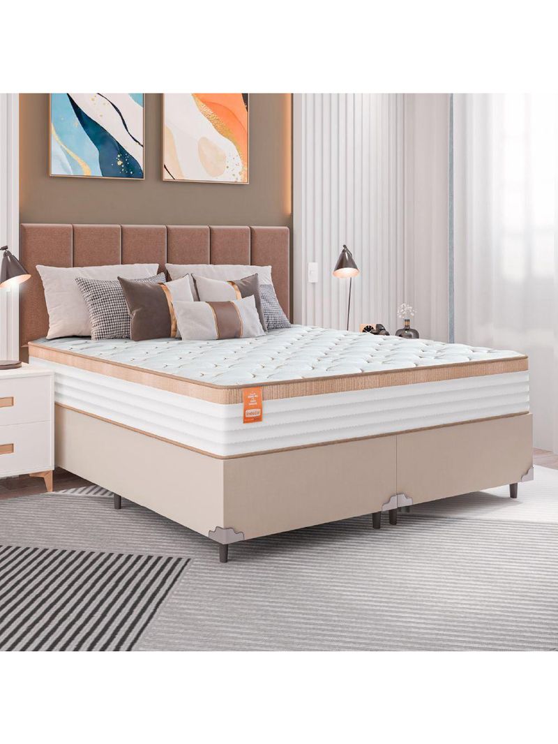 Cama Box Casal King Colchão Molas Ensacadas Real Branco/bege