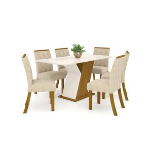 Conjunto Sala de Jantar Mesa 160cm Tampo MDF 6 Cadeiras Lupita Casa 812 Nature com Off White e Linho
