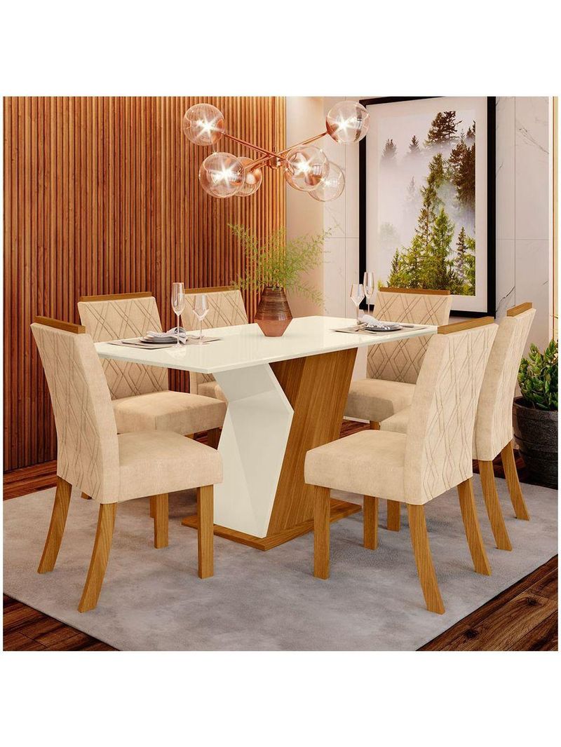 Conjunto Sala de Jantar Mesa 160cm Tampo MDF 6 Cadeiras Lupita Casa 812 Nature com Off White e Linho
