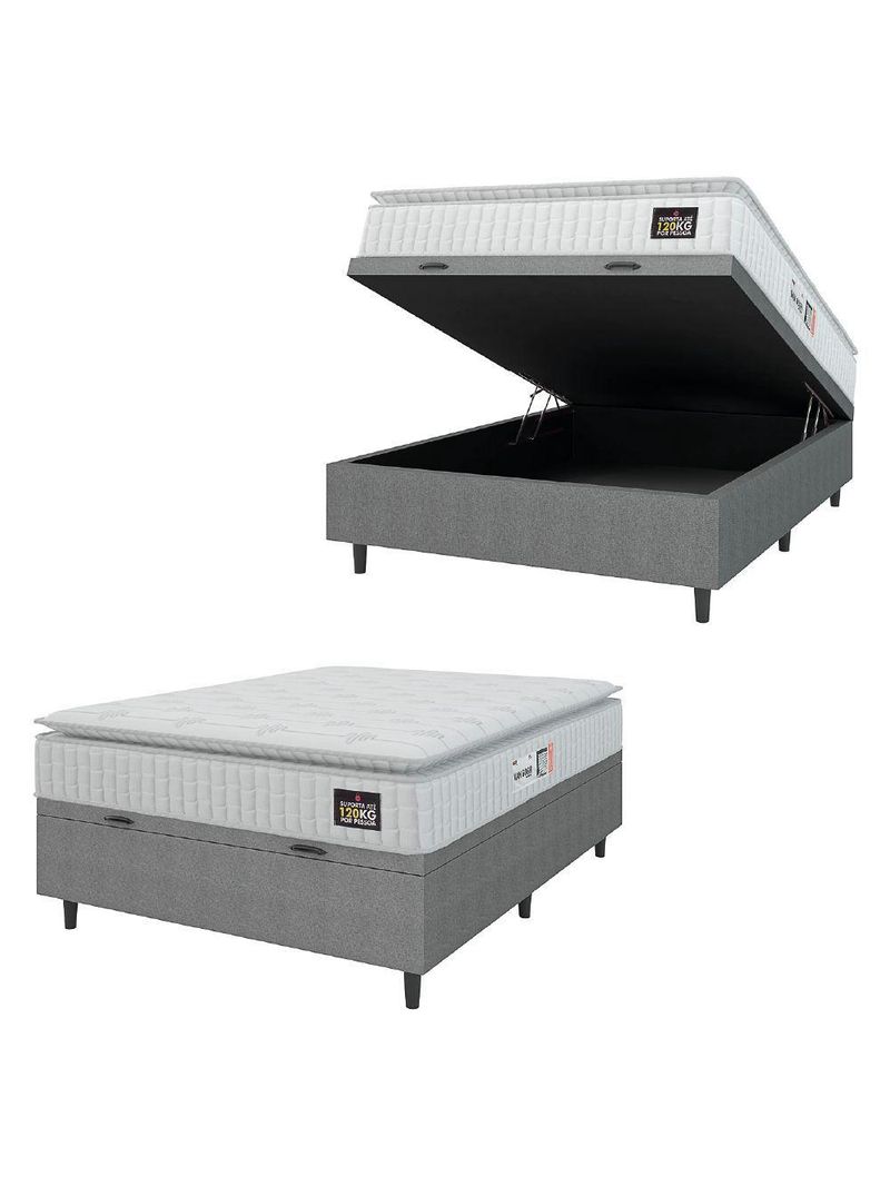 Cama Box Baú Colchão Casal Espuma D33 Vangogh Pillow Top 138x70cm Branco/cinza Hellen Branco