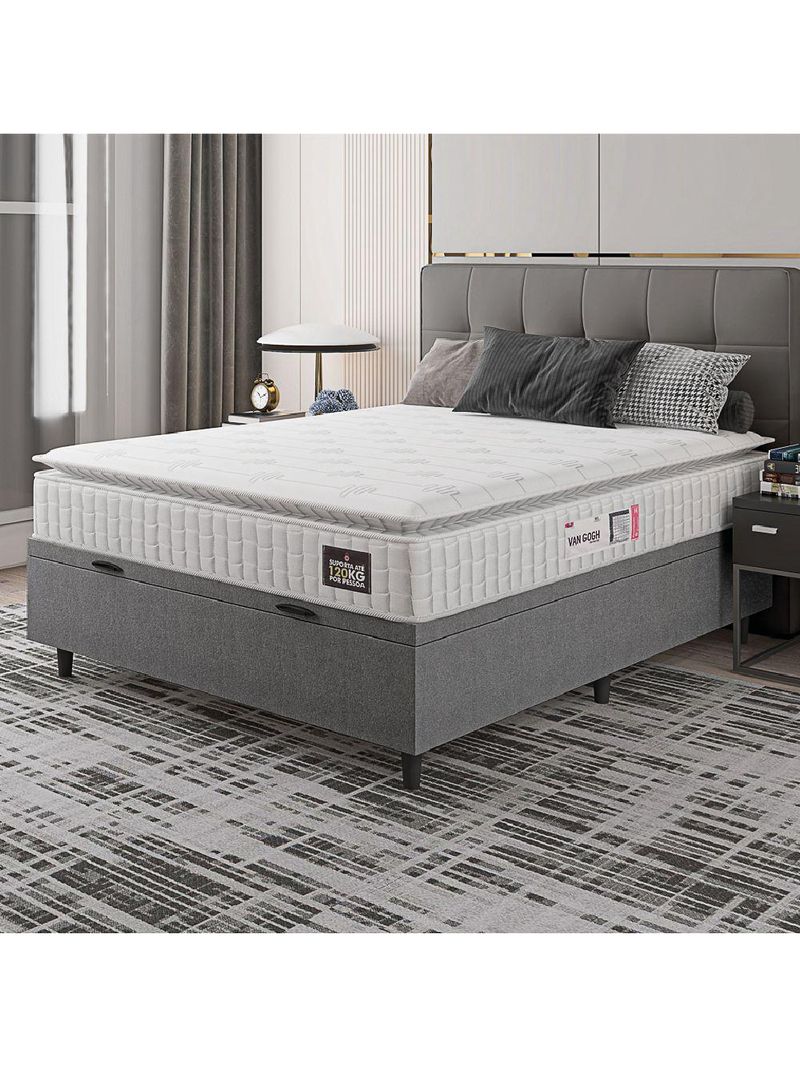 Cama Box Baú Colchão Casal Espuma D33 Vangogh Pillow Top 138x70cm Branco/cinza Hellen Branco