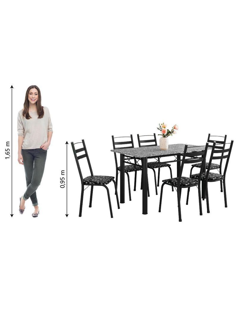 Conjunto Mesa Itália 6 Cadeiras 1,40m Preto/Floral Granito