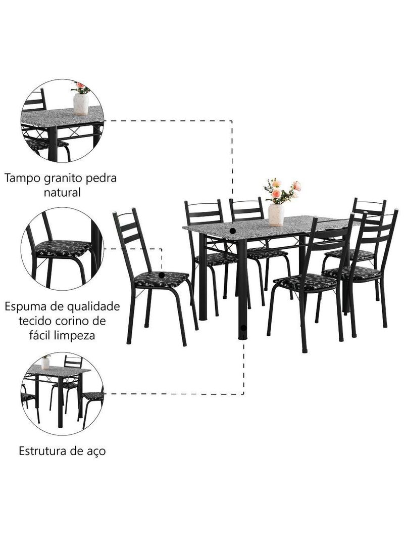 Conjunto Mesa Itália 6 Cadeiras 1,40m Preto/Floral Granito