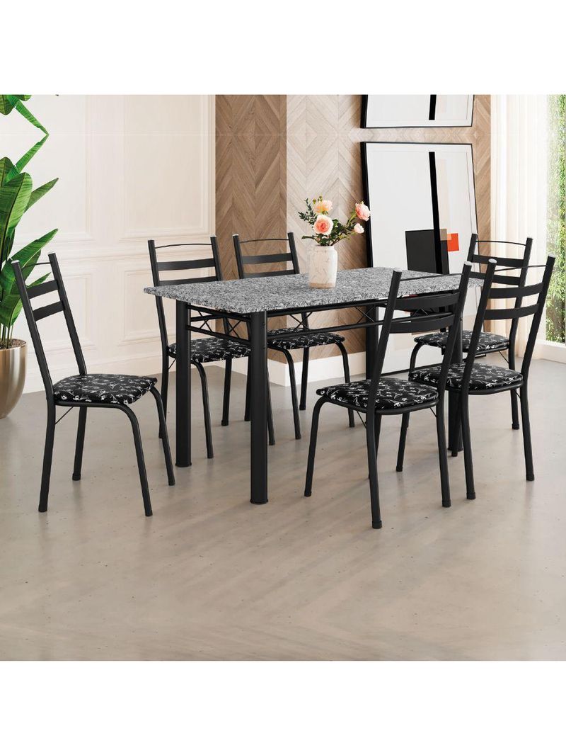 Conjunto Mesa Itália 6 Cadeiras 1,40m Preto/Floral Granito