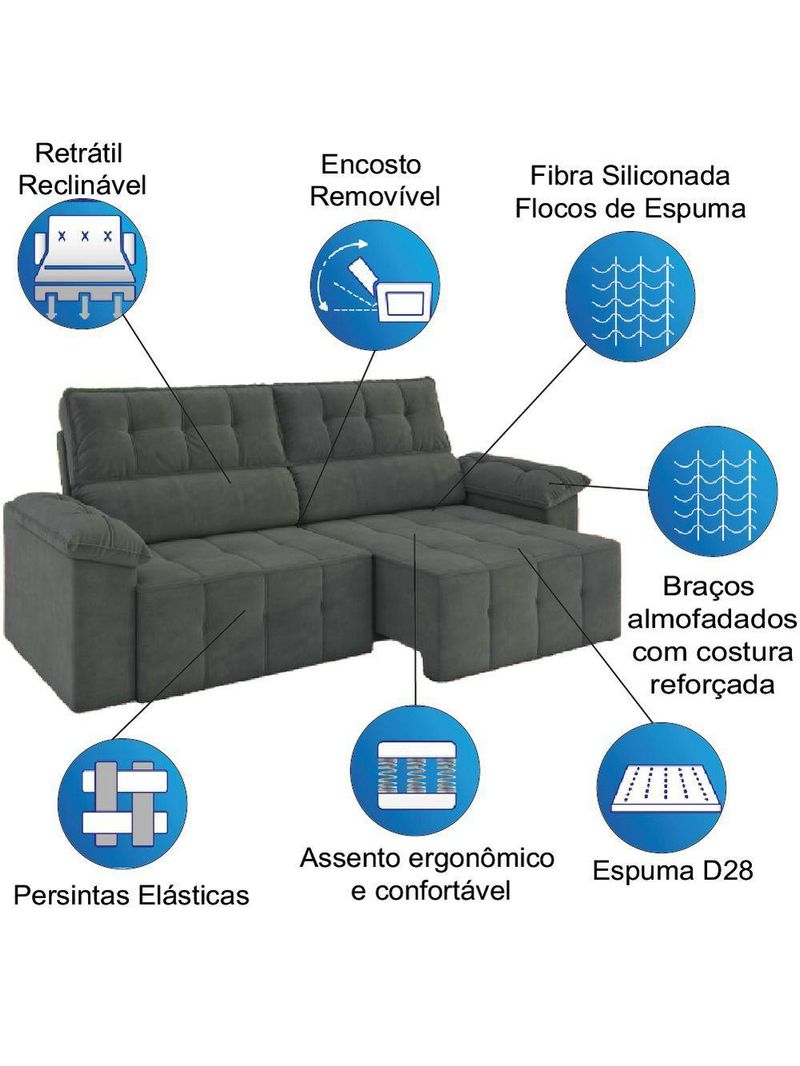 Sofá Retrátil e Reclinável 3 Lugares 2,20m Veludo Santorini Cinza Luizzi