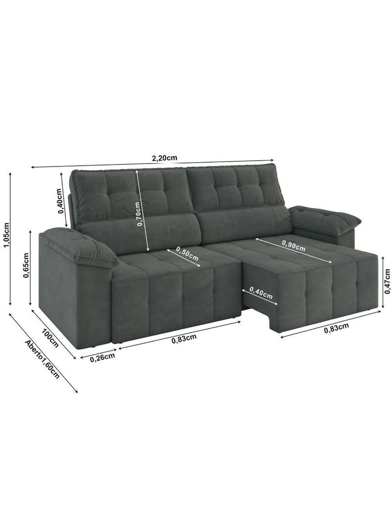 Sofá Retrátil e Reclinável 3 Lugares 2,20m Veludo Santorini Cinza Luizzi